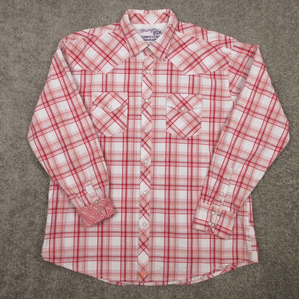 Wrangler Shirt Mens XL Pink Plaid 20X Competition Advanced Comfort Pearl Snap - Picture 1 of 7